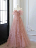 Classy Elegant A line Spaghetti Straps Pink Tulle Beading Sleeveless Prom Dresses HZ1214
