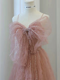 Classy Elegant A line Spaghetti Straps Pink Tulle Beading Sleeveless Prom Dresses HZ1214