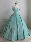 Classy Ball Gown Off The Shoulder Blue Sequin Evening Dress Long Prom Dresses HZ1214