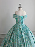 Classy Ball Gown Off The Shoulder Blue Sequin Evening Dress Long Prom Dresses HZ1214