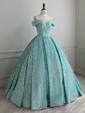 Classy Ball Gown Off The Shoulder Blue Sequin Evening Dress Long Prom Dresses HZ1214