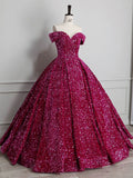 Classy Ball Gown Off The Shoulder Blue Sequin Evening Dress Long Prom Dresses HZ1214