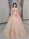 Classy Elegant A line Off The Shoulder Pink Tulle Flowers Short Sleeves Prom Dresses HZ1214