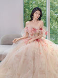 Classy Elegant A line Off The Shoulder Pink Tulle Flowers Short Sleeves Prom Dresses HZ1214