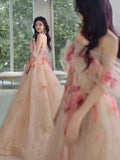 Classy Elegant A line Off The Shoulder Pink Tulle Flowers Short Sleeves Prom Dresses HZ1214