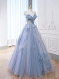 Classy Elegant Ball Gown Sweetheart Blue Tulle Flowers Prom Dresses HZ1214