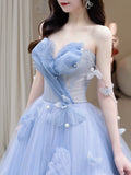 Classy Elegant Ball Gown Sweetheart Blue Tulle Flowers Prom Dresses HZ1214