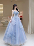 Classy Elegant Ball Gown Sweetheart Blue Tulle Flowers Prom Dresses HZ1214