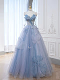 Classy Elegant Ball Gown Sweetheart Blue Tulle Flowers Prom Dresses HZ1214