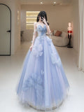 Classy Elegant Ball Gown Sweetheart Blue Tulle Flowers Prom Dresses HZ1214