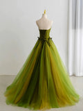 Classy Elegant Ball Gown Strapless Green Sleeveless Tulle Long Prom Dresses HZ1214