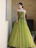 Classy Elegant Ball Gown Strapless Green Sleeveless Tulle Long Prom Dresses HZ1214