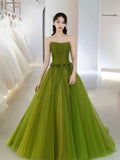Classy Elegant Ball Gown Strapless Green Sleeveless Tulle Long Prom Dresses HZ1214
