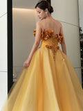 Classy Elegant Ball Gown Strapless Yellow Sleeveless Tulle Long Prom Dresses HZ1214