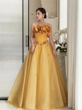 Classy Elegant Ball Gown Strapless Yellow Sleeveless Tulle Long Prom Dresses HZ1214