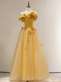 Classy Elegant Ball Gown Strapless Yellow Sleeveless Tulle Long Prom Dresses HZ1214