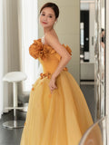 Classy Elegant Ball Gown Strapless Yellow Sleeveless Tulle Long Prom Dresses HZ1214