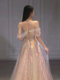 Classy Elegant Ball Gown Off The Shoulder Pink Short Sleeves Tulle Long Prom Dresses HZ1214