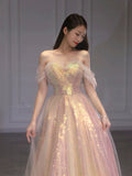Classy Elegant Ball Gown Off The Shoulder Pink Short Sleeves Tulle Long Prom Dresses HZ1214