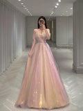 Classy Elegant Ball Gown Off The Shoulder Pink Short Sleeves Tulle Long Prom Dresses HZ1214