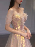 Classy Elegant Ball Gown Off The Shoulder Pink Short Sleeves Tulle Long Prom Dresses HZ1214