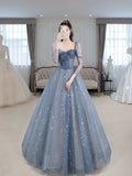 Classy A Line Sweetheart Long Sleeves Blue Sequin Evening Dress Long Prom Dresses HZ1214