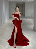 Classy Mermaid Off The Shoulder Satin Burgundy Short Sleeves Evening Dress Long Prom Dresses HZ1214