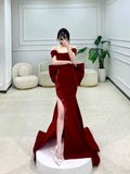 Classy Mermaid Off The Shoulder Satin Burgundy Short Sleeves Evening Dress Long Prom Dresses HZ1214