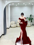 Classy Mermaid Off The Shoulder Satin Burgundy Short Sleeves Evening Dress Long Prom Dresses HZ1214