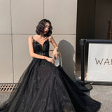 Classy Elegant A Line Spaghetti Straps Black Tulle Long Prom Dresses HZ1214