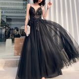 Classy Elegant A Line Spaghetti Straps Black Tulle Long Prom Dresses HZ1214