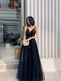 Classy Elegant A Line Spaghetti Straps Black Tulle Long Prom Dresses HZ1214