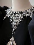 Classy Elegant Ball Gown Short Sleeves Beads Black Satin Long Prom Dresses HZ1214