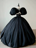 Classy Elegant Ball Gown Short Sleeves Beads Black Satin Long Prom Dresses HZ1214