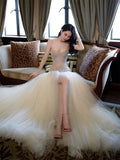 Classy Mermaid Sweetheart Long Tulle Beads Sequin Evening Dress Long Prom Dresses HZ1214
