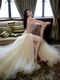 Classy Mermaid Sweetheart Long Tulle Beads Sequin Evening Dress Long Prom Dresses HZ1214
