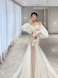 Elegant Mermaid Off The Shoulder White Lace Long Sleeves Wedding Dresses Brides Dress HZ1214