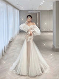 Elegant Mermaid Off The Shoulder White Lace Long Sleeves Wedding Dresses Brides Dress HZ1214