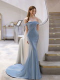 Classy Mermaid Off The Shoulder Satin Blue Short Sleeves Evening Dress Long Prom Dresses HZ1214