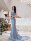 Classy Mermaid Off The Shoulder Satin Blue Short Sleeves Evening Dress Long Prom Dresses HZ1214