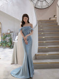 Classy Mermaid Off The Shoulder Satin Blue Short Sleeves Evening Dress Long Prom Dresses HZ1214