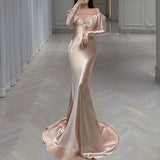 Classy Mermaid Off The Shoulder Satin Pink Long Sleeves Evening Dress Long Pink Prom Dresses HZ1214
