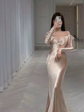 Classy Mermaid Off The Shoulder Satin Pink Long Sleeves Evening Dress Long Pink Prom Dresses HZ1214