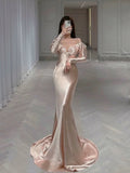 Classy Mermaid Off The Shoulder Satin Pink Long Sleeves Evening Dress Long Pink Prom Dresses HZ1214