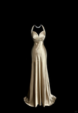 Niulatu A line Halter Neckline Champagne Satin Prom Dress Ruffle Long Party Dress SD2908