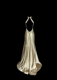 Niulatu A line Halter Neckline Champagne Satin Prom Dress Ruffle Long Party Dress SD2908