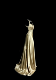 Niulatu A line Halter Neckline Champagne Satin Prom Dress Ruffle Long Party Dress SD2908