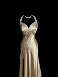 Niulatu A line Halter Neckline Champagne Satin Prom Dress Ruffle Long Party Dress SD2908