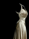 Niulatu A line Halter Neckline Champagne Satin Prom Dress Ruffle Long Party Dress SD2908