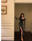 Niulatu Sheath Square Neckline Long Sleeves Green Long Prom Dresses Birthday Dress SD290